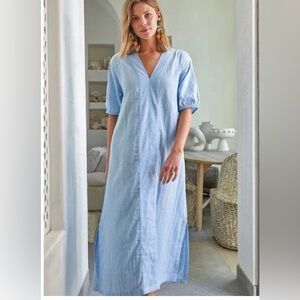 Lake Women’s Blue Cotton Gauze Caftan Maxi Dress V-Neck | Relaxed Fit